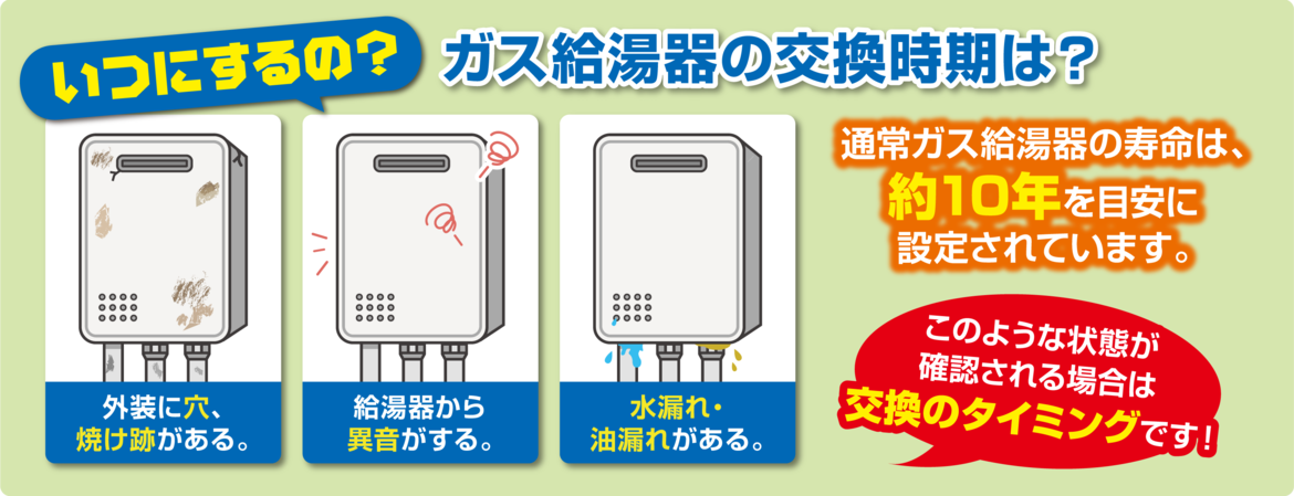 通常ガス給湯器の寿命は約10年を目安に設定されています。外装に穴、焼け跡がある。給湯器から異音がする。水漏れ・油漏れがある。このような状態が確認される場合は交換のタイミングです！